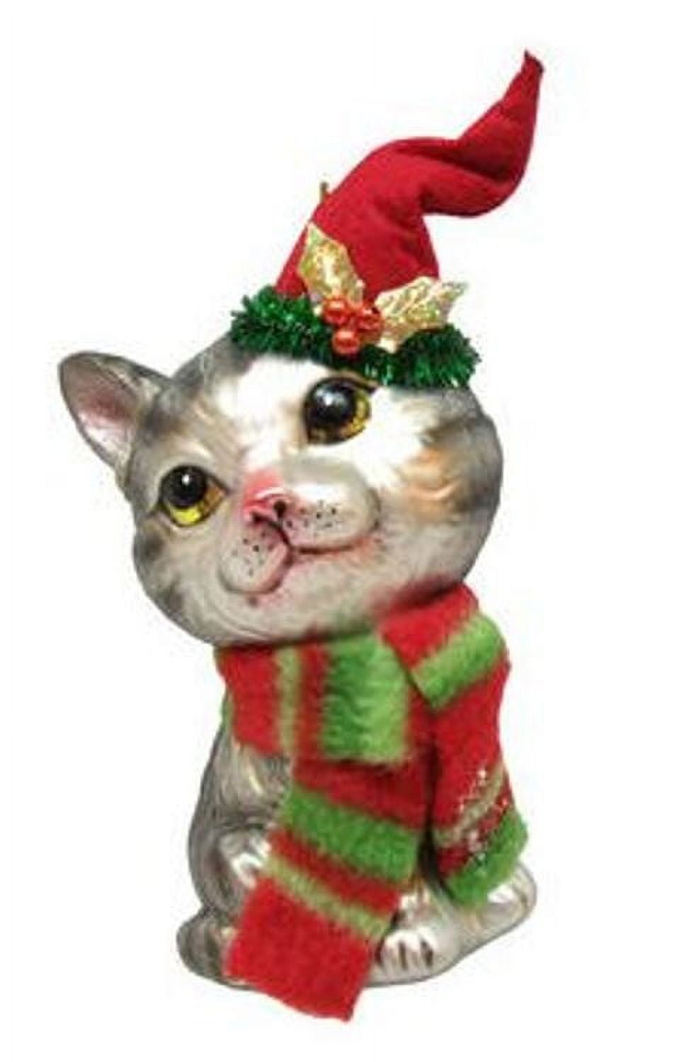 Festive Glass Tabby Cat Ornament with Stocking Hat