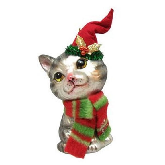 December Diamonds Blown Glass Ornament - Grey Tabby with Stocking Hat