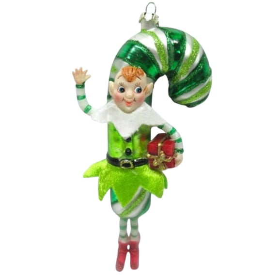 December Diamonds Green Candy Cane Elf Glass Ornament 7 Inch
