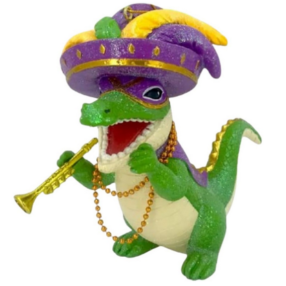 December Diamonds Mardi Gator with Mask Ornament, Hand-Painted Alligator Christmas Decoration, Resin, 6 Inches