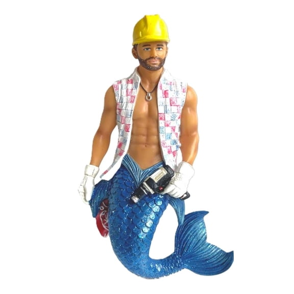 December Diamonds Power Tool Merman Ornament 55-55515, 7 Inch Hanging Merman with Blue Tail, Hard Hat, Checked Vest, and Power Tool, Decorative Collectible