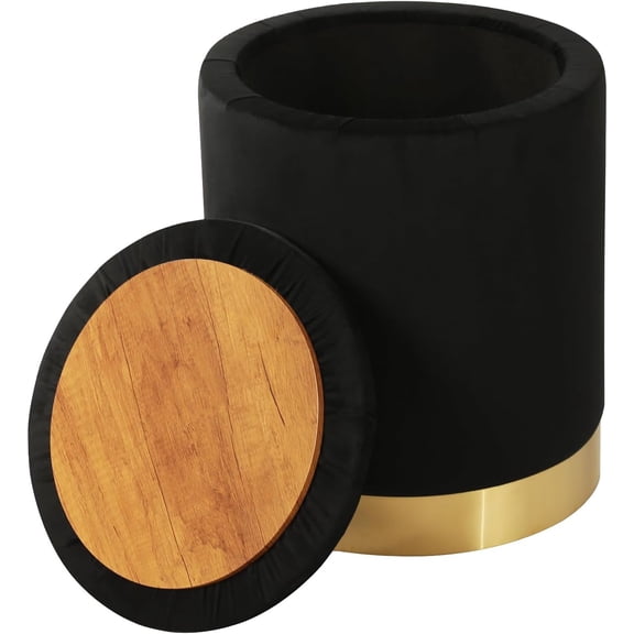 Decent Home 14" Round Storage Ottoman with Tray, Upholstered Velvet Small Circle Modern Vanity Foot Rest Stool for Living Room, Bedroom, Black