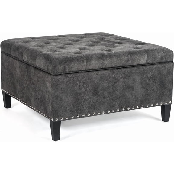 Decent Home Large Square Ottoman Coffee Table with Storage, Upholstered Oversized Ottoman for Living Room (Dark Gray)