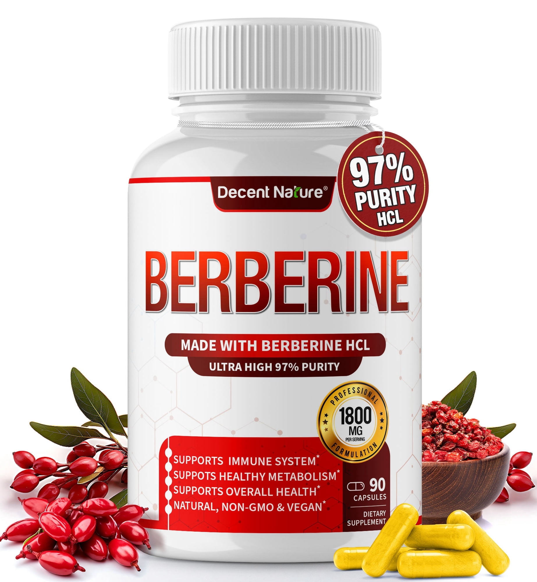 Decent Nature Berberine Supplement 1800mg Berberine HCl 97% Purity 90 Capsules