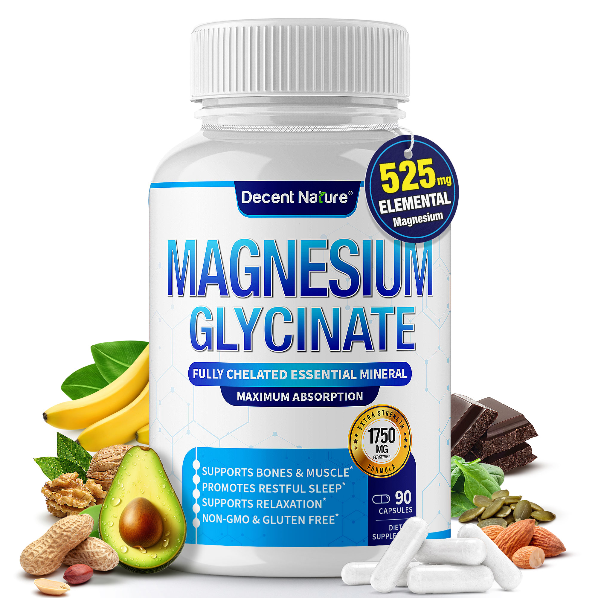 Decent Nature Magnesium Glycinate Supplement 525mg Elemental Magnesium Decent Nature Magnesium Glycinate Supplement 525mg Elemental Magnesium