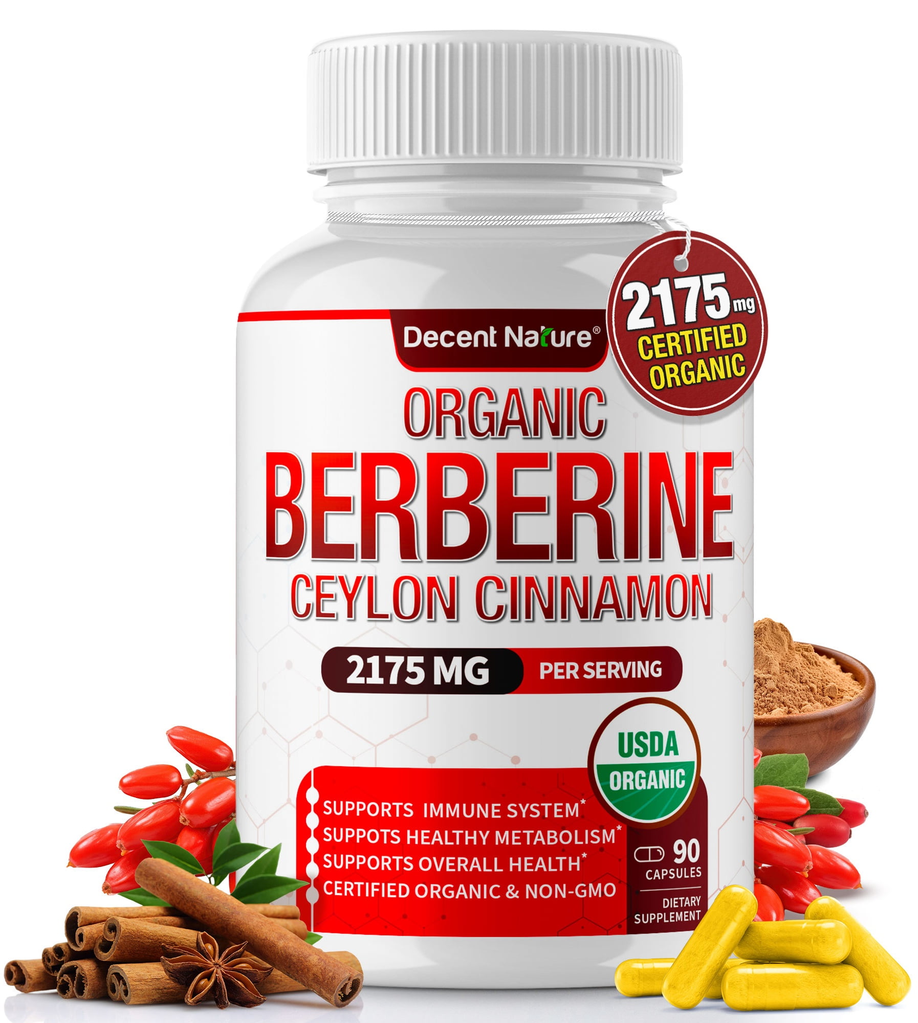 Decent Nature Organic Berberine with Ceylon Cinnamon 2175mg Berberine Supplement 90 Capsules