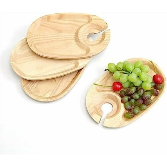Decent Vrvrge Wine Appetizer Plates 4PCS, Appetizer Plates with Wine Glass Holder, Wood Individual Charcuterie Plates Built-in Cup Hold, Serving Platters Boards for Party, Gatherings, Entertaining