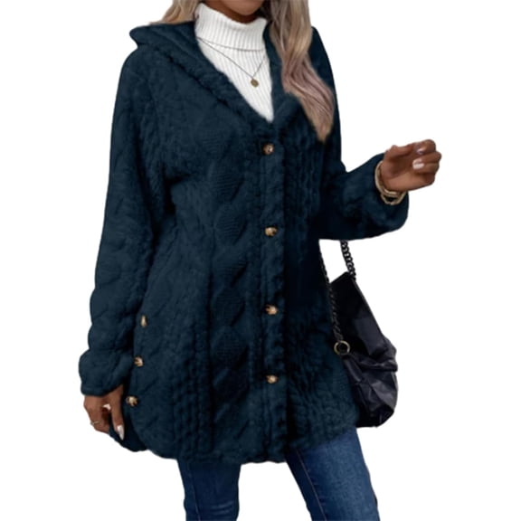 Decentake Women Jacquard Hooded Cardigan Coat, Long Sleeve Warm Knit Outerwear for Fall Winter, Casual Layering Jacket for Daily Wear