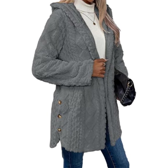 Decentake Women Jacquard Hooded Cardigan Coat, Long Sleeve Warm Knit Outerwear for Fall Winter, Casual Layering Jacket for Daily Wear