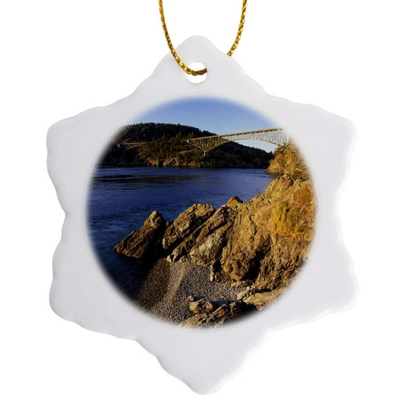 3drose, Deception Pass Bridge, Whidbey, Fidalgo Islands - Us48 Jwi1277 - Jamie and Judy Wild, 3 inch Snowflake Porcelain Ornament