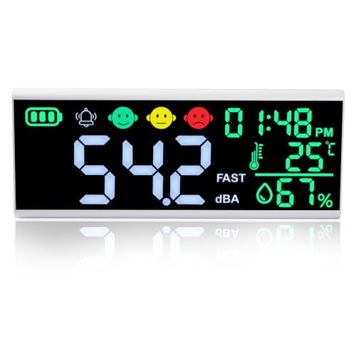 Decibel Meter 13 inches 30~130dB Sound Level Meter, Large LCD Display Wall Hanging Sound Gauge, Noise Level Detector, Decibel Monitoring Device, Time, Temperature, Humidity for Studio Classroom Home