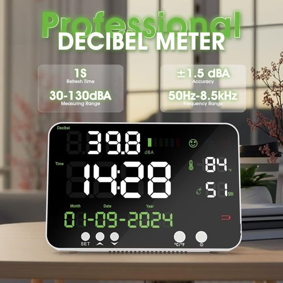 Decibel Meter,6-in-1 Digital Sound Meter with 12LCD Screen,Range 30-130dB,Rechargeable Noise Meter with Time, Temperature and Humidity Display for Home, Studio, Library, and Factory