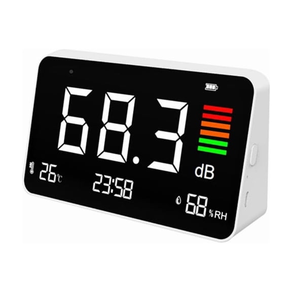 Decibel Meter,Digital Sound Level Meter 30-130db, LED Display Desktop Noise Time Temperature Humidity Meter