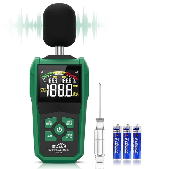 Decibel Meter,SQECH Digital Sound Level Meter with Color Backlit Screen,Portable SPL Meter with A/C Weighted,dB/SONE Unit,FAST/SLOW Response,MAX/MIN,Data Hold,Range 30-130dB,for Home/Office/Factories