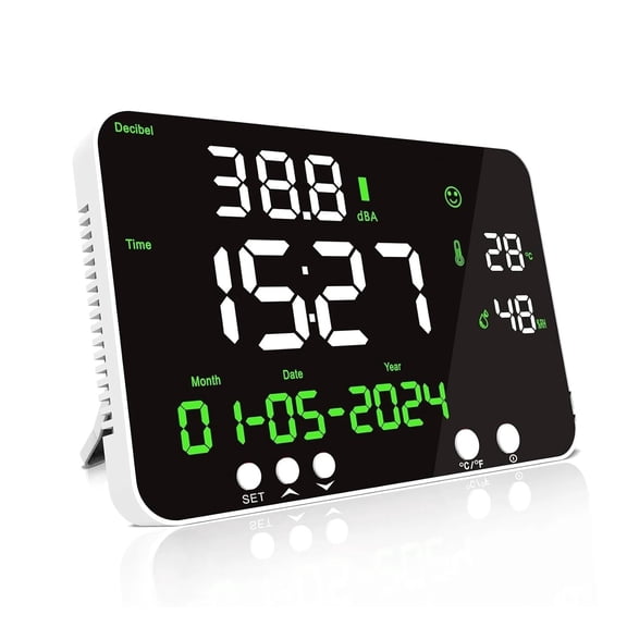 Decibel Meter Wall-Mounted Sound Level Displays Time Temperature Humidity Date, Noise Monitor ,Feature Packed