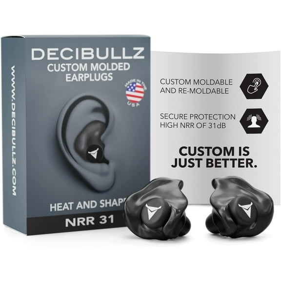 Decibullz Custom Molded Earplugs, One Count - 31dB NRR, Comfortable Protection for Shooting & Travel (Black)