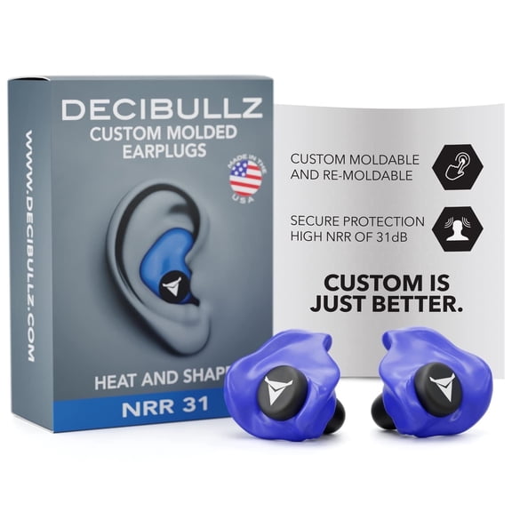 Decibullz Custom Molded Earplugs, One Count - 31dB NRR, Comfortable Protection for Shooting & Travel (Blue)