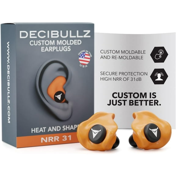 Decibullz Custom Molded Earplugs, One Count - 31dB NRR, Comfortable Protection for Shooting & Travel (Orange)