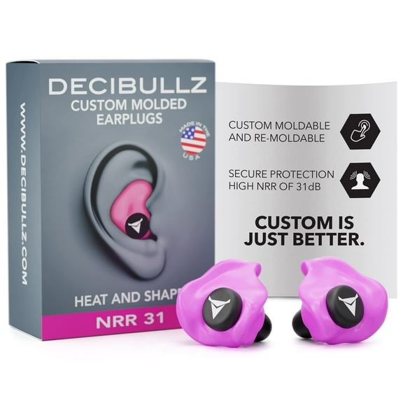 Decibullz Custom Molded Earplugs, One Count - 31dB NRR, Comfortable Protection for Shooting & Travel (Pink)