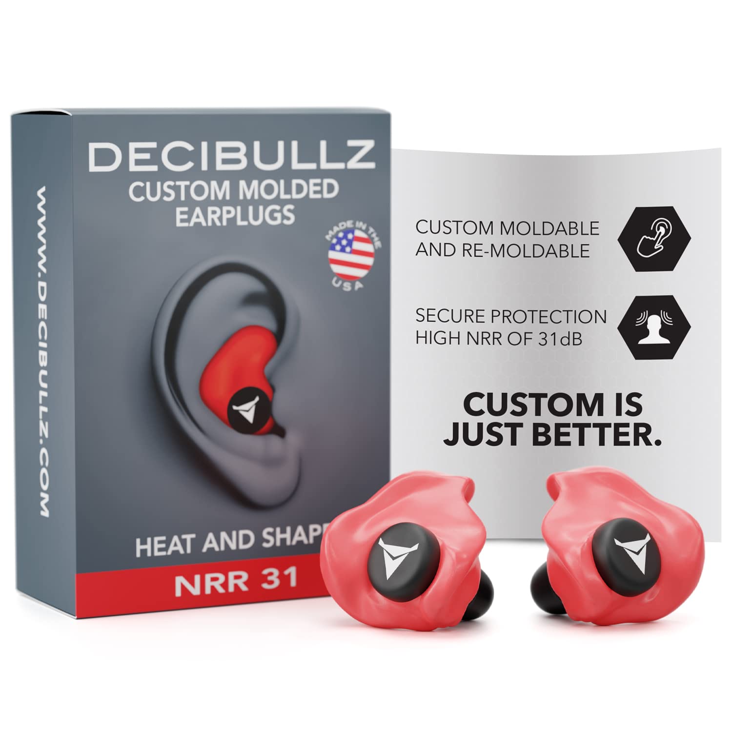 Decibullz Custom Molded Earplugs, 31dB Highest NRR, Comfortable