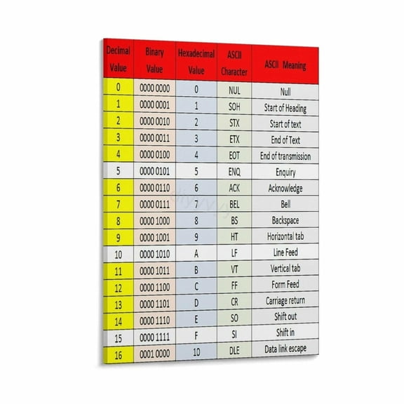 Decimal Binary Octal Hex ASCII Conversion Chart Poster (6) Canvas Painting Wall Art Poster for Bedroom Living Room Decor