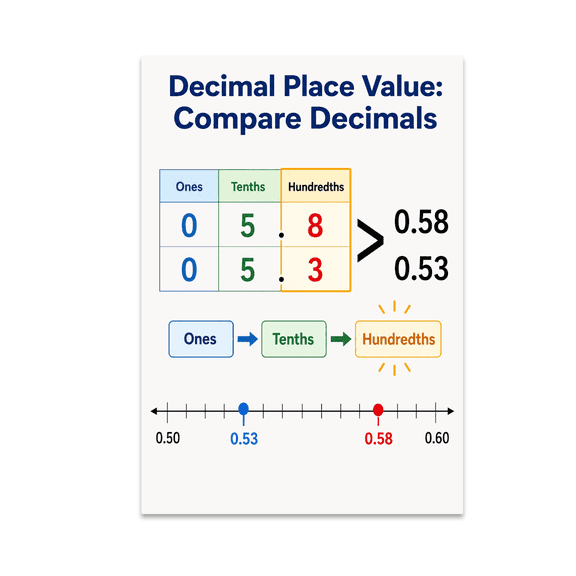 Decimal Place Value Comparison Educational Reference - Classroom Learners - 13x19 Poster Print