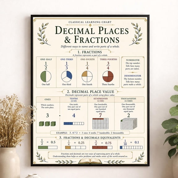 Decimal Places Fractions Chart Wall Art Print, Unframed Paper Poster 8x10in