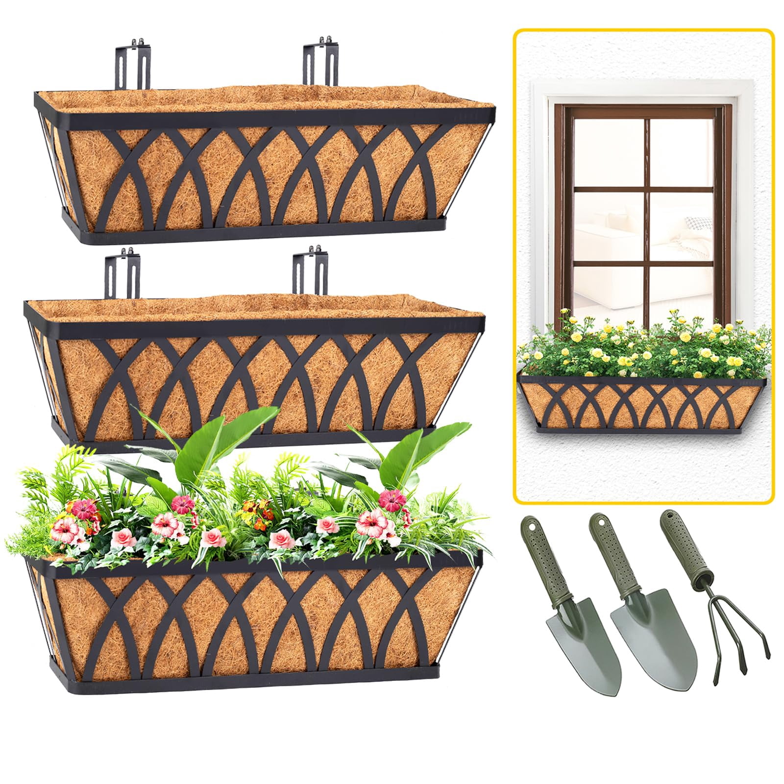 Deck Balcony Railing Planter Window Boxes - 3 Pack 30 Inch Planter Box, Balcony Planters Railing Hanging, Window Boxes Outdoor Fence Planters
