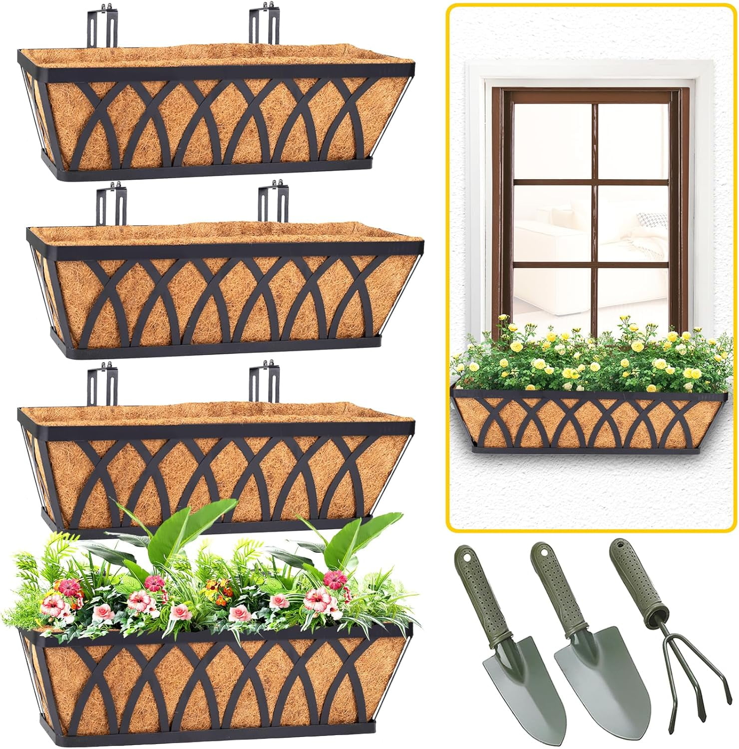 Deck Balcony Railing Planter Window Boxes - 4 Pack 24 Inch Railing ...