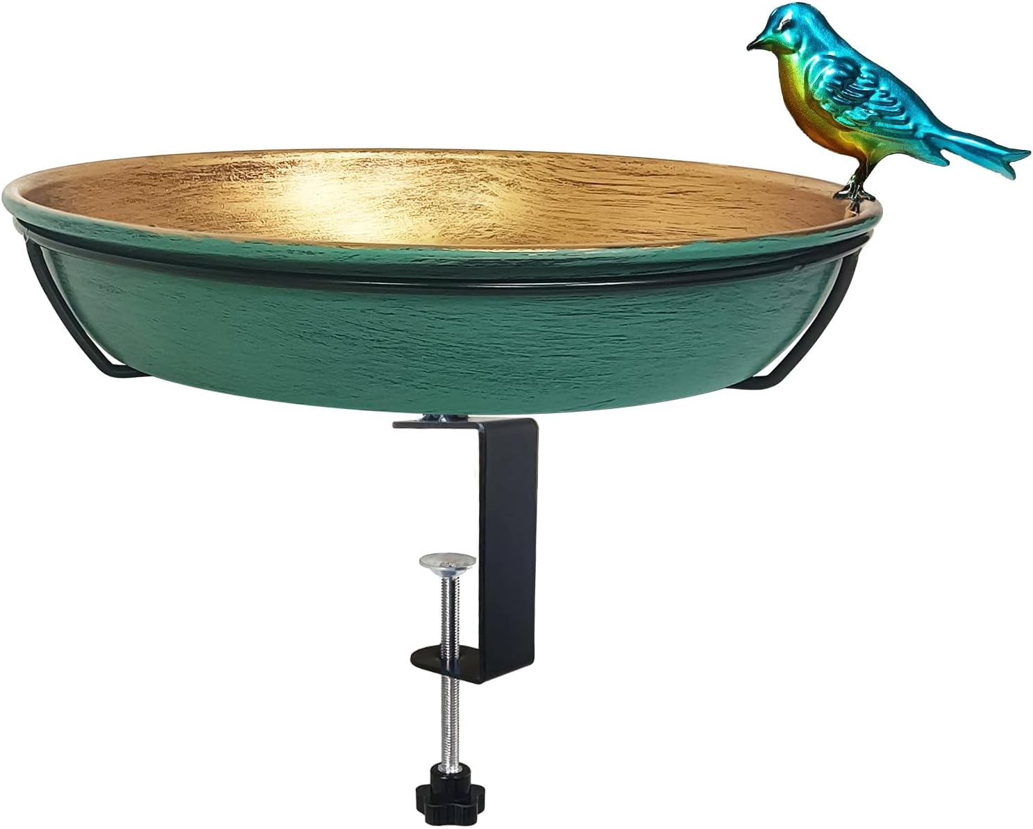 Deck Bird Bath for Outdoors, 11" Green/Bronze Metal Birdbath Bowl with Big Steel Clamp Backyard Birdbath&Bird Feeder for Railing Balcony Fence Yard Art Garden Decor