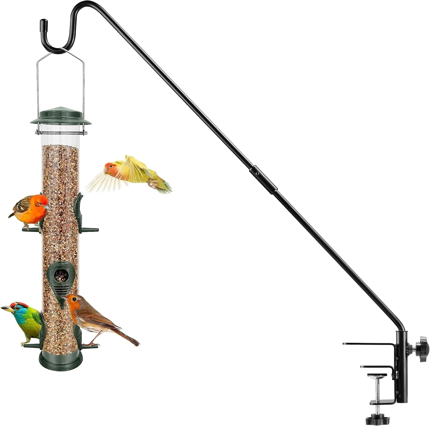 Deck Bird Feeder Hanger 28 inch, Heavy Duty Shepherds Hook for Railing & Fence, 360° Rotating Plant Bracket, Outdoor Metal Pole Hanging Hummingbird Feeder, Flower Baskets, Planter