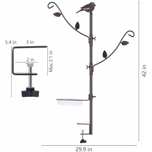 Deck Bird Feeder Pole Porch Multi-Hooks Hanging Kit for Outside with Two Adjustable Branches, Water Bowl, Bird Feeder Planter Hanger