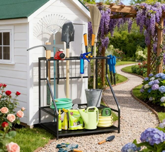 Deck Box Garden Tool Organizer,3-Tier Yard Tool Storage Rack,with Hooks ...