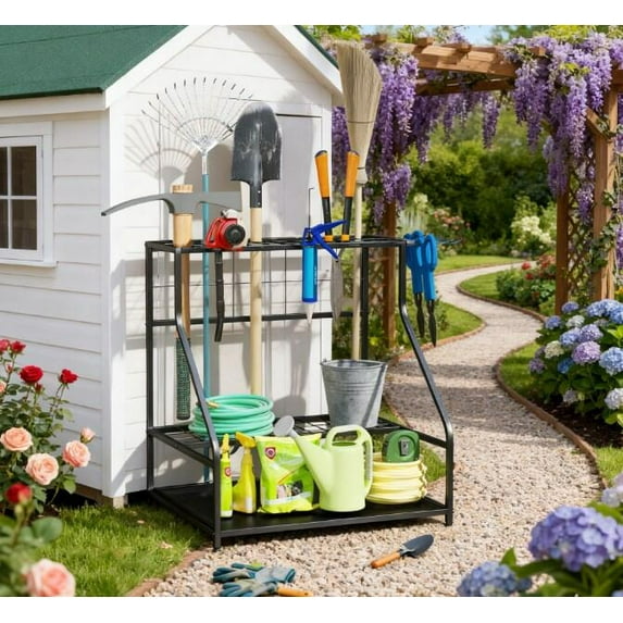 Deck Box Garden Tool Organizer,3-Tier Yard Tool Storage Rack,with Hooks for Long-Handled,Broom,Shovel,Outdoor Storage Box