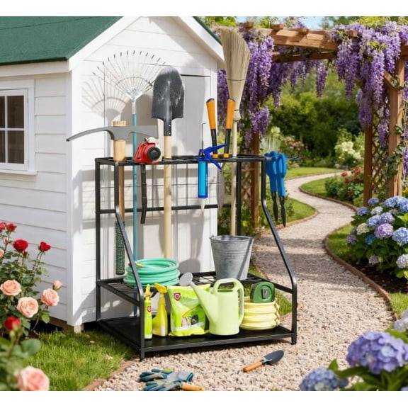 Deck Box Garden Tool Organizer,3-Tier Yard Tool Storage Rack,with Hooks for Long-Handled,Broom,Shovel,Outdoor Storage Box