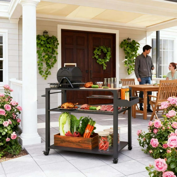 Deck Box Movable Oven Table on Wheels,Easy to Move 3-Tier Outdoor Grill Cart with Storage Racks, Side Handle,Outdoor Storage Box