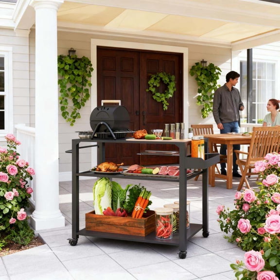 Deck Box Movable Oven Table on Wheels,Easy to Move 3-Tier Outdoor Grill Cart with Storage Racks, Side Handle,Outdoor Storage Box