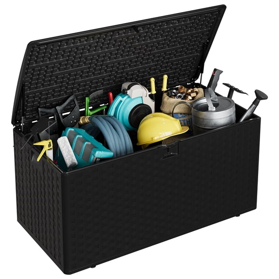 Deck Box, Outdoor Storage Box 99 Gallon Resin - Waterproof & UV-Resistant, Lockable Storage Bench, Gas Struts, Rattan Texture for Patio Garden, Black