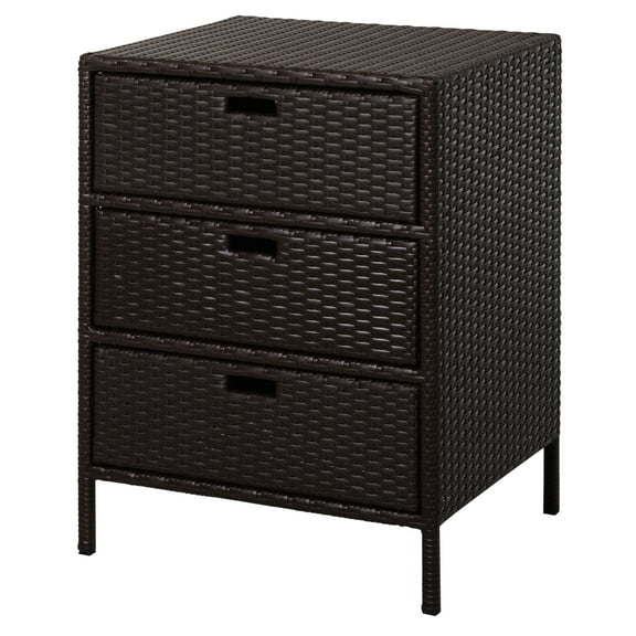 Deck Box Outsunny Outdoor Towel Cabinet, PE Rattan Pool Storage Organizer, Freestanding Outdoor Towel Rack for Pool with 3 Drawers and Weather Safe Material, Brown,Patio Storage