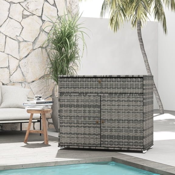 Deck Box Outsunny Outdoor Towel Rack & Pool Toy Cabinet, Hot Tub Accessory Storage, Freestanding PE Rattan Wicker Cabinet with Drawer for Indoor, Outdoor Swimming Pool, Spa, Gray,Patio Storage
