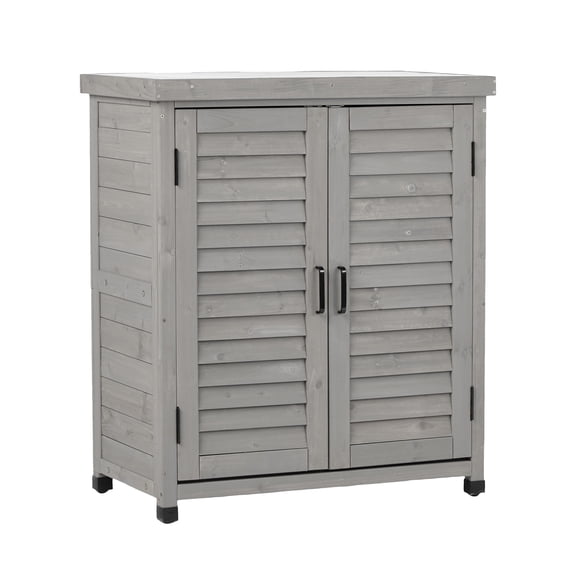 Deck Box Potting Bench with Storage Cabinet and Metal Table Top for Outdoor Patio, Garden Furniture Wood Workstation Grey 31.5x17x36'',Outdoor Storage Box