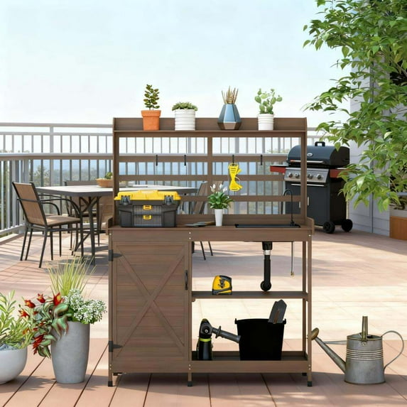 Deck Box Potting Bench,Wooden Potting Bench with Storage, Sink, Water Tap,Outdoor Storage Box