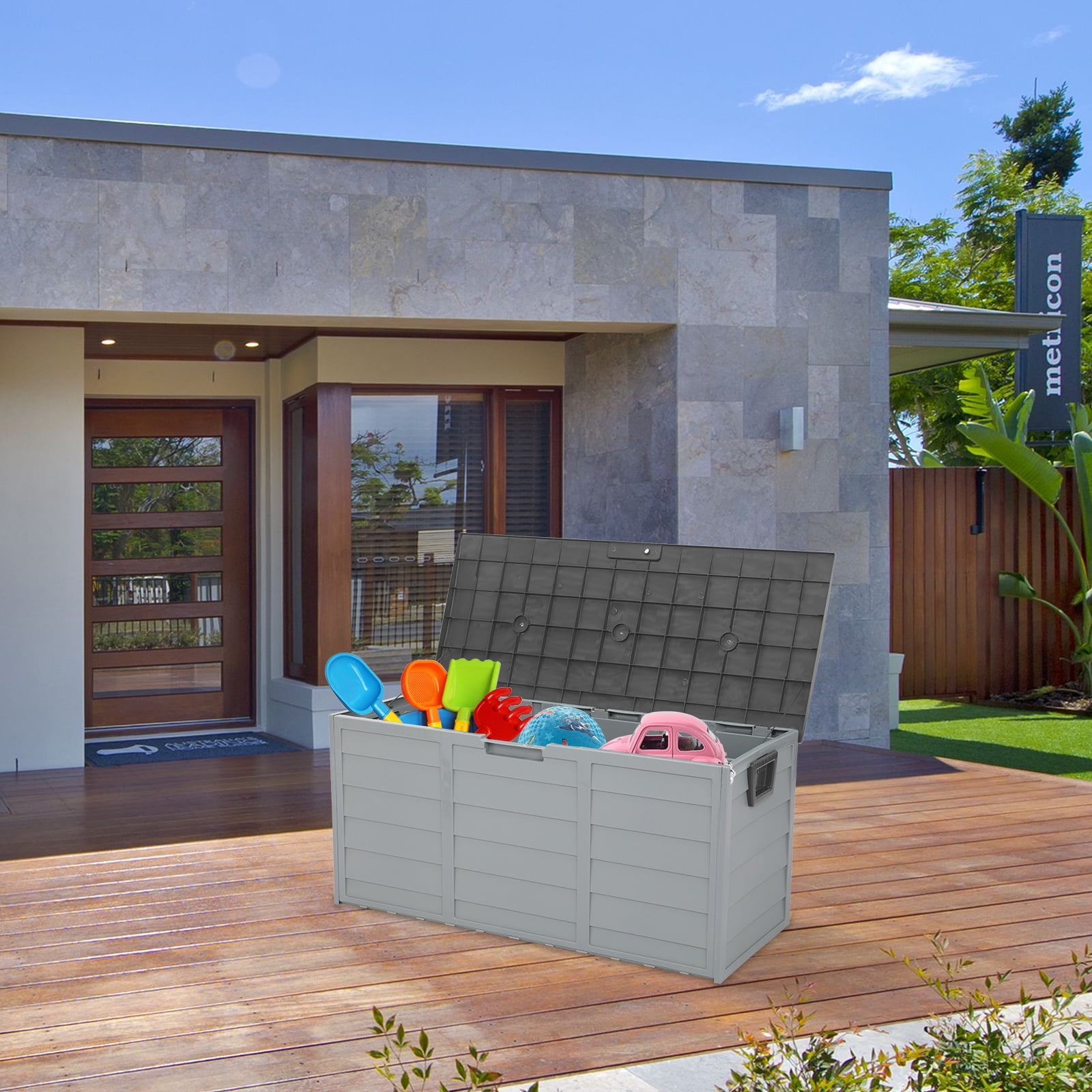 Gray 75 Gallon Plastic Deck Storage Box with Wheels