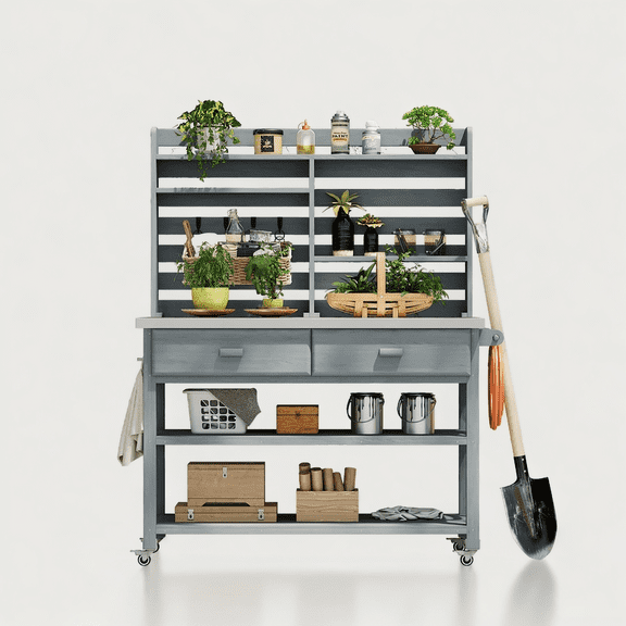 Deck Boxes K&K 64.9"H Outdoor Potting Bench Table with Lockable Wheels, Solid Wood Outdoor Kitchen Island with Upper Hutch, Stainless Steel Top, Towel Rack ,Outdoor Storage for Grilling, Lawn Garden