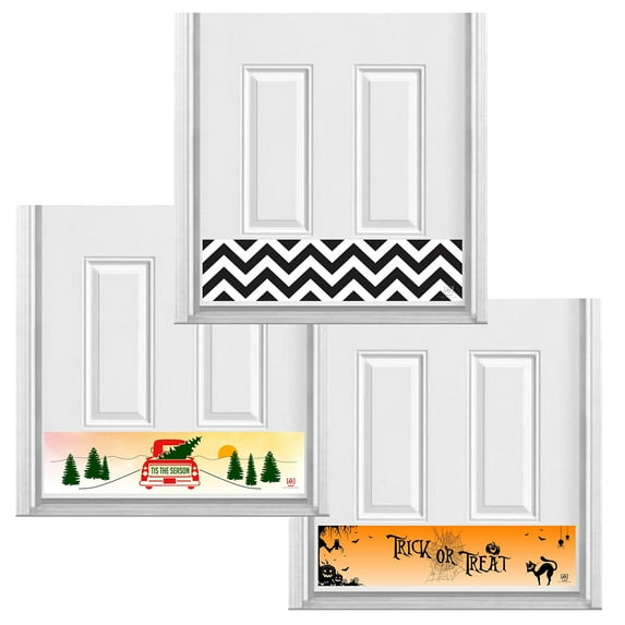 Deck the Door Decor | Magnetic Kick Plates - Interchangeable 3 Pack - Holiday & Decorative Theme - for Steel Doors - (8x34", Chevron/Trick or Treat/Retro Truck)