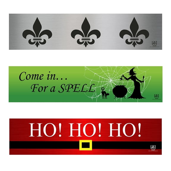 Deck the Door Decor | Magnetic Kick Plates - Interchangeable 3 Pack - Holiday & Decorative Theme - for Steel Doors - (8x34", Fleur/Ho Ho Ho/Witch Spell)
