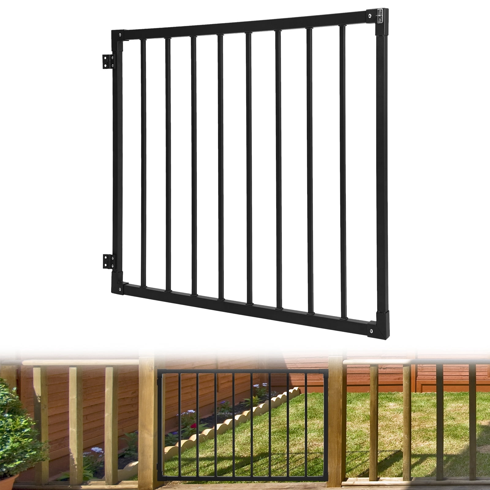 Deck Gate 42-inch Height, Black Heavy-Duty Steel Adjustable Gate for Openings up to 48 inches Wide, Outdoor Patio Safety Gate with Hinges & Latch Included for Yard Porch Stairs