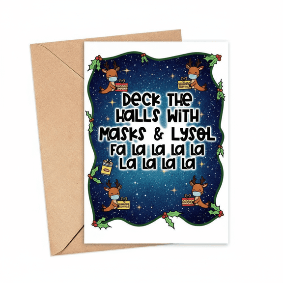 Deck the Halls Christmas Card with Masks & Lysol - Humorous Holiday Greeting for Friends & Family - Envelope Included, Blank Inside - Perfect for 2023 Festive Season