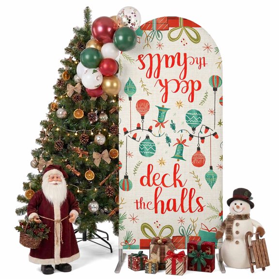 Deck The Halls Christmas Gift Bell Pine Branch Arch Backdrop Cover Stretchy Spandex Arch Cover 6ft, Xmas Theme Round Top Chiara Stand Covers for Wedding Birthday Party Ceremony Banquet