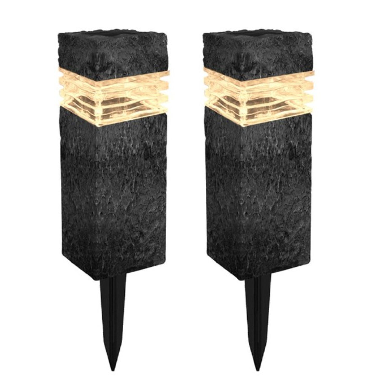 Deck Impressions Solar Charcoal Stone Outdoor Integrated LED Landscape Rock Pillar Path Light, 2-Pack